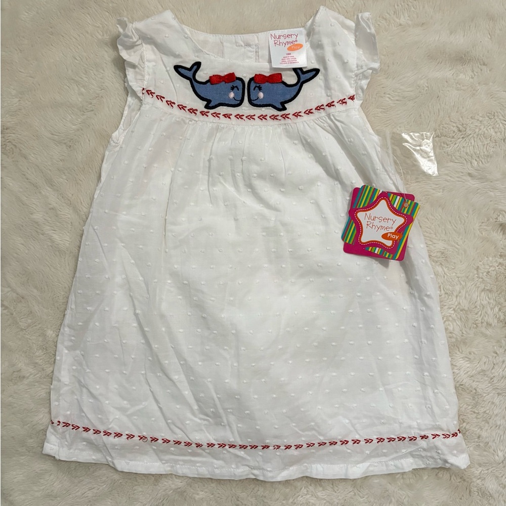 Nursery Rhyme White Dress with Blue Whale Design